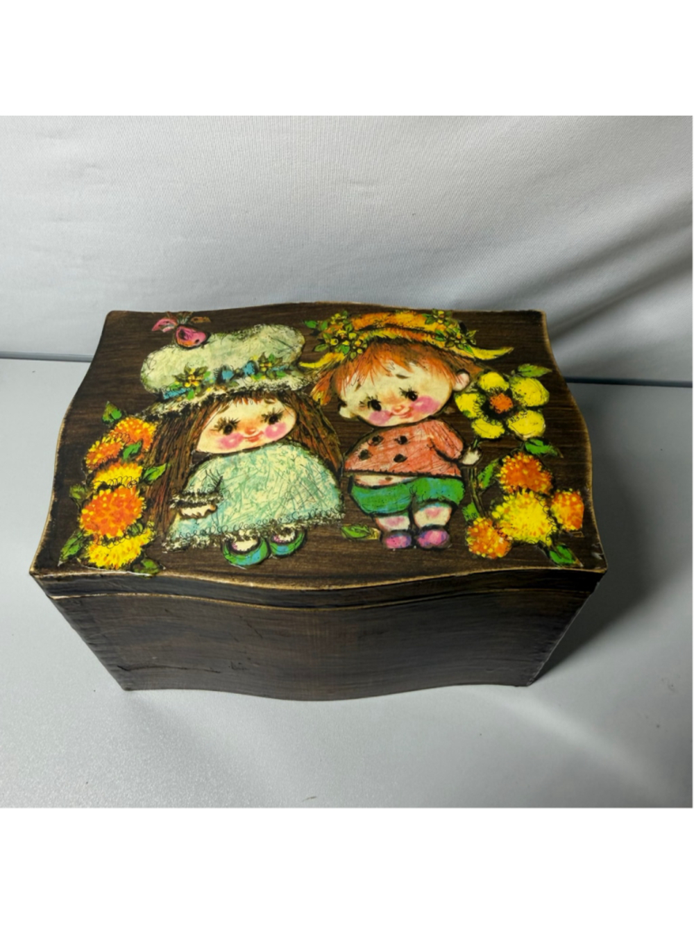 Vintage Jewelry Box Brown Yellow Decorative Wooden Storage